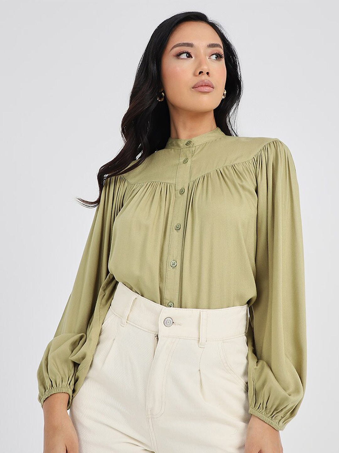 

Styli Green Mandarin Collar Shirt Style Top