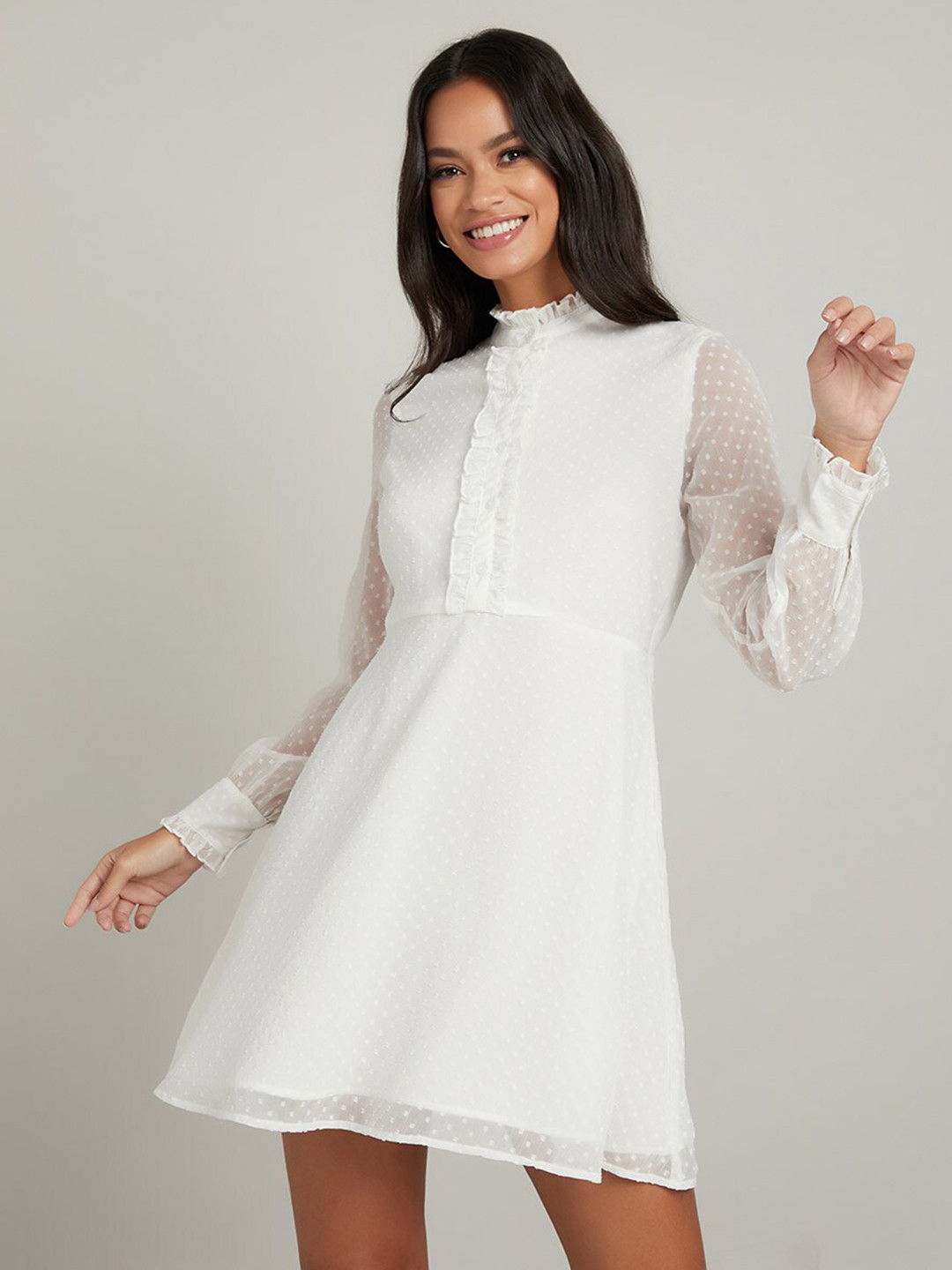 

Styli White High Neck Dobby Spot Mini A-Line Dress