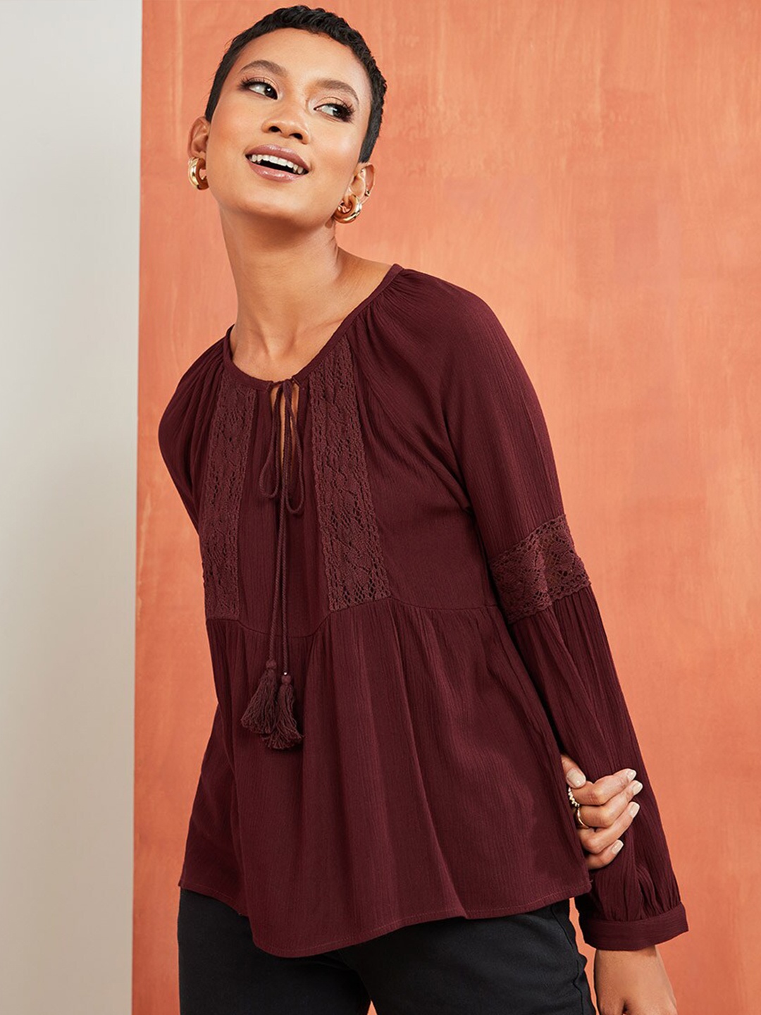 

Styli Burgundy Tie-Up Neck Top