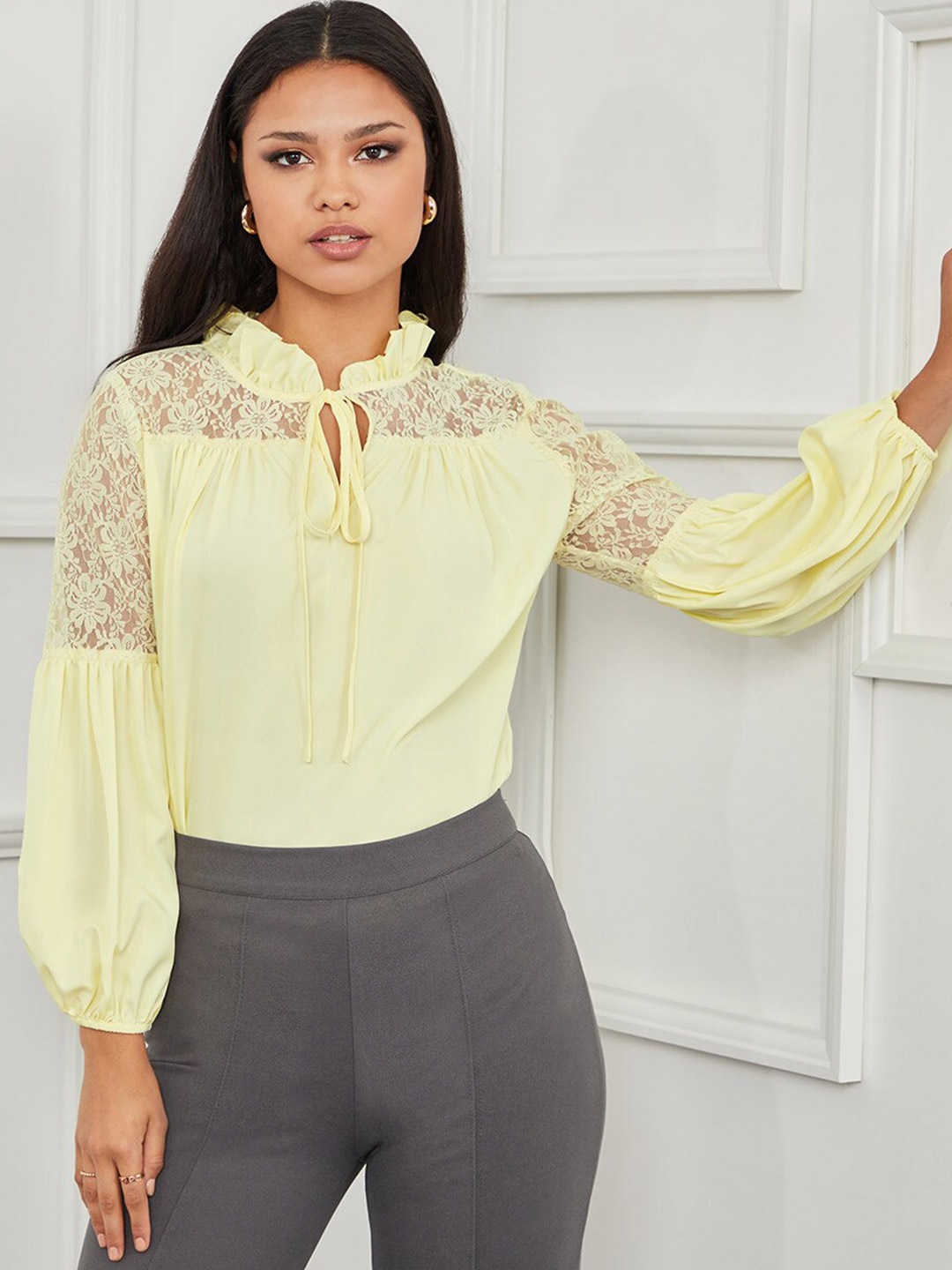 

Styli Yellow Tie-Up Neck Top