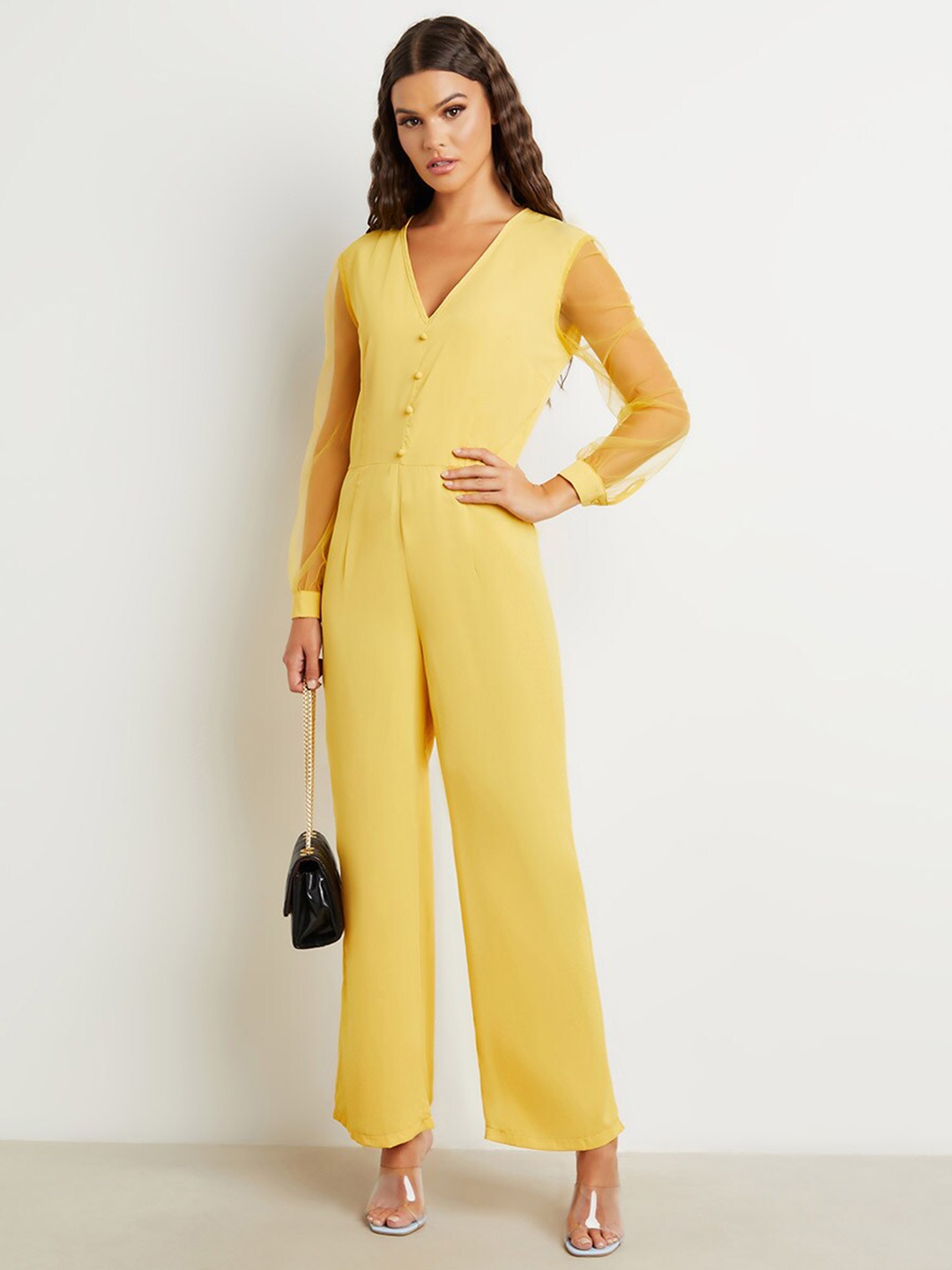 

Styli Yellow V Neck Sheer Sleeves Straight Leg Jumpsuit