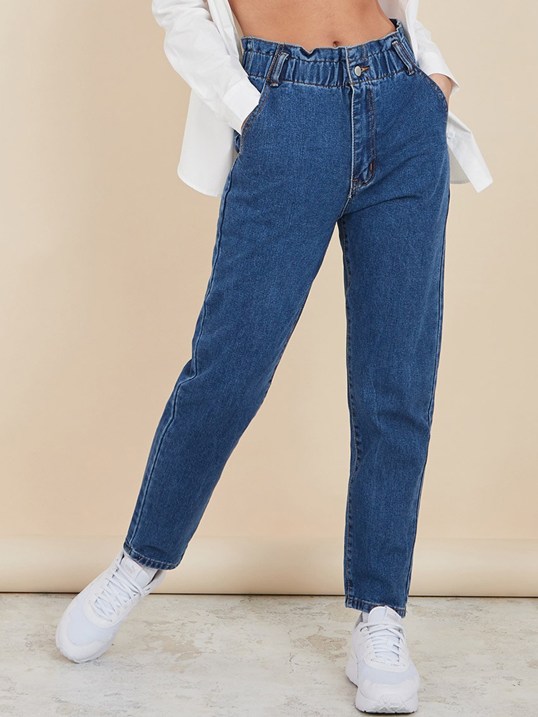 

Styli Women Blue High Waist Mom Jeans with Paper Bag Waist