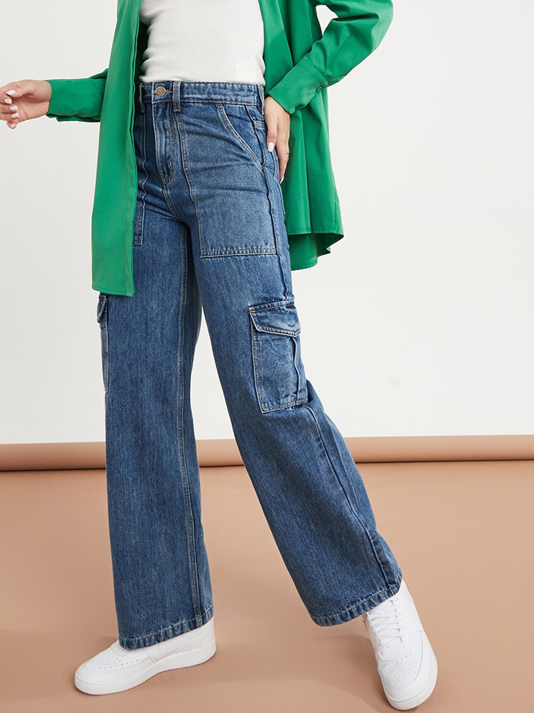 

Styli Women Blue High Rise Wide Leg Jeans with Cargo Pocket
