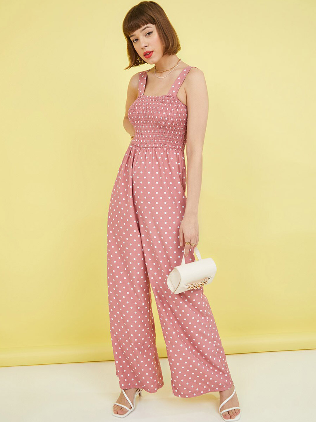 

Styli Pink & White Square Neck Polka Dot Print Wide Leg Jumpsuit
