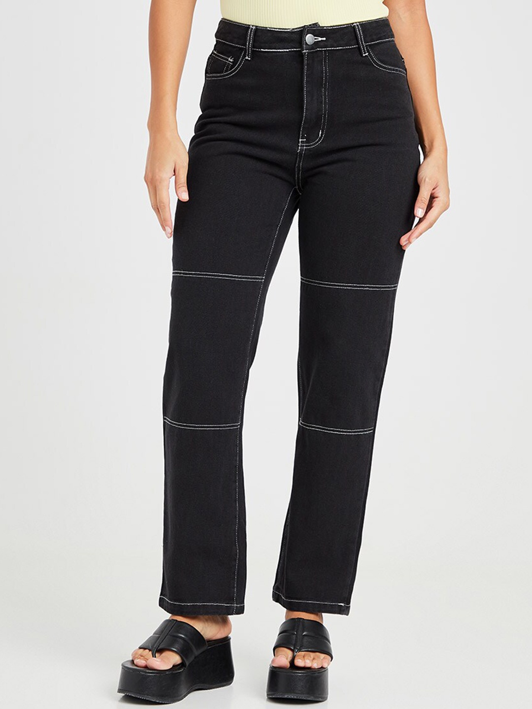 

Styli Women High Waist Contrast Stitch Detail Straight Leg Denim Jeans, Black