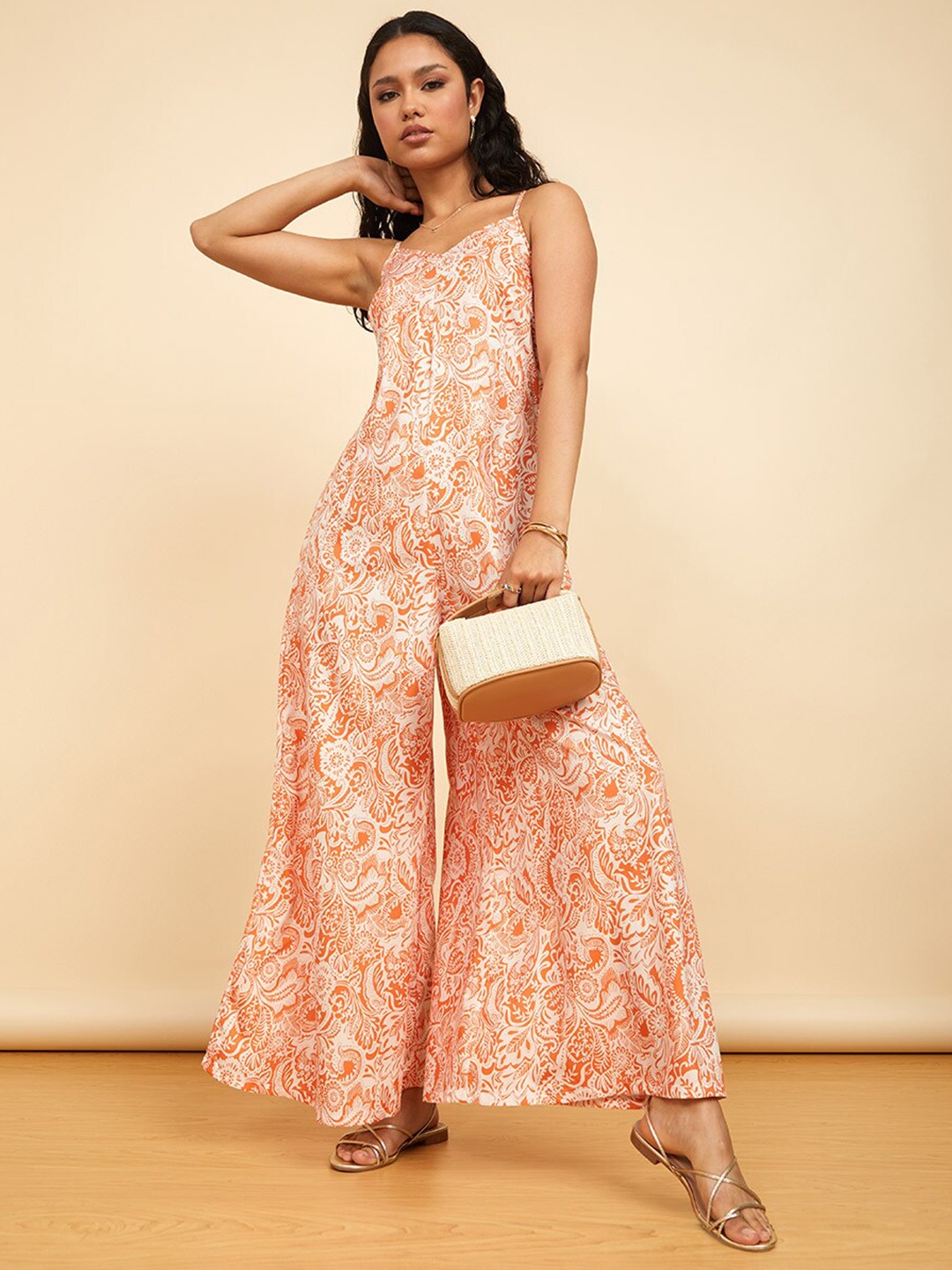 

Styli Orange Strappy Paisley Print Extreme Wide Leg Jumpsuit