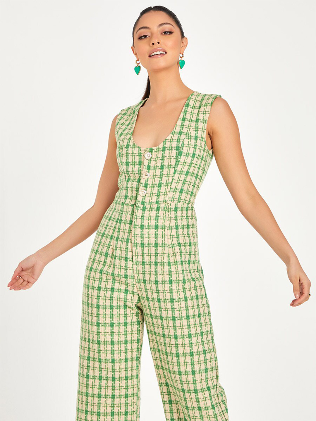 

Styli Green & Cream-Coloured Sleeveless Scoop Neck Tweed Wide Leg Jumpsuit