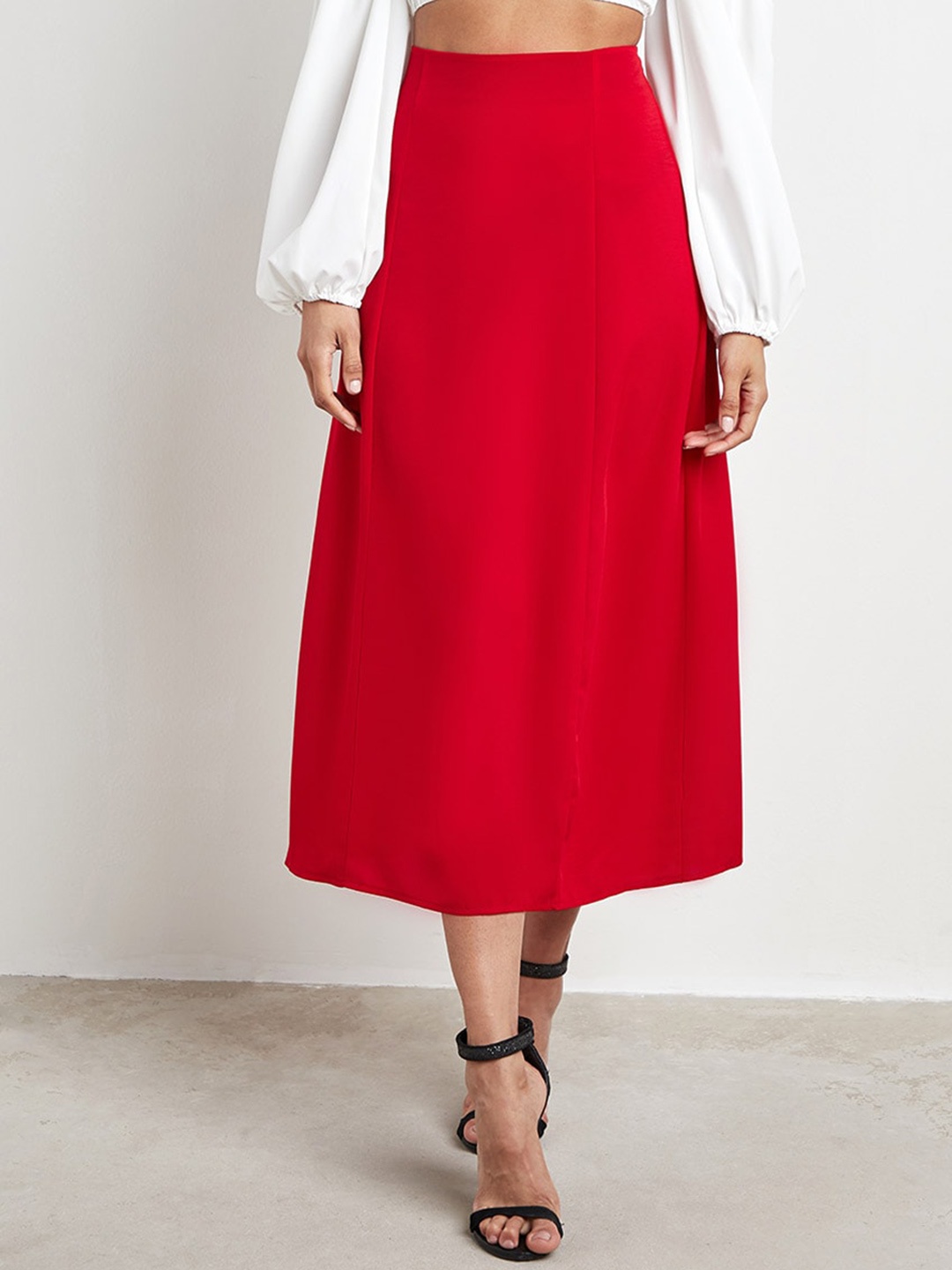 

Styli Women Red Solid A-Line Midi Skirt with Zip Closure