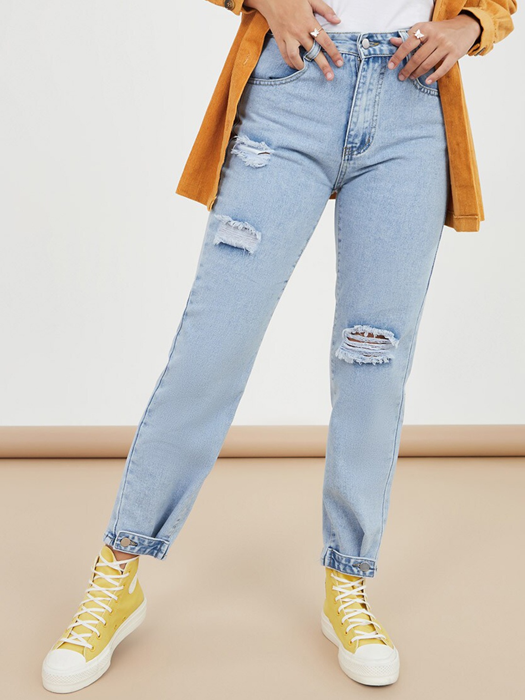 

Styli Women Blue Distress High Rise Cuffed Leg Boyfriend Jeans