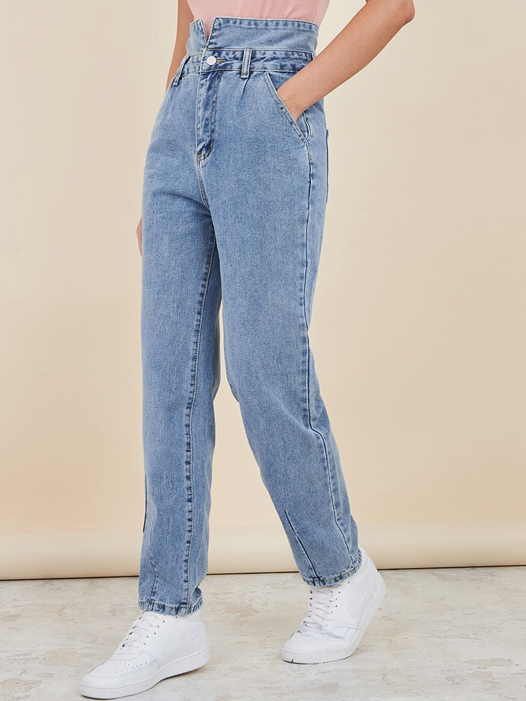 

Styli Women Blue Paper Bag Waist High Rise Straight Fit Jeans