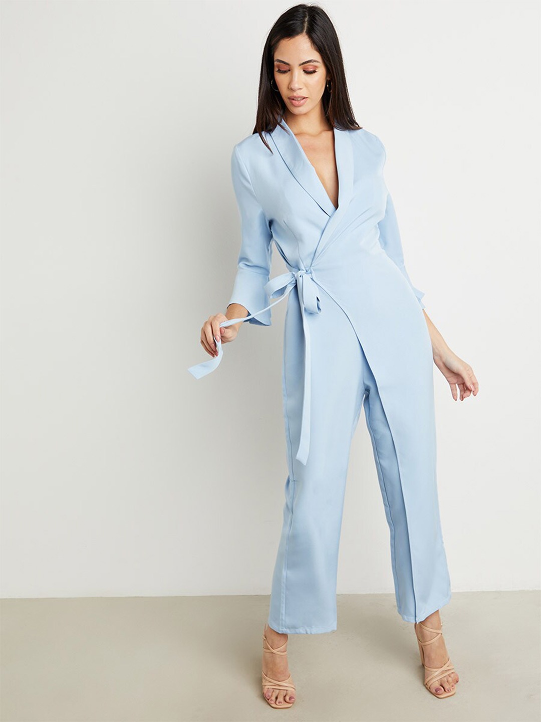 

Styli Blue Notch Lapel Wrap Front Jumpsuit with Tie Waist