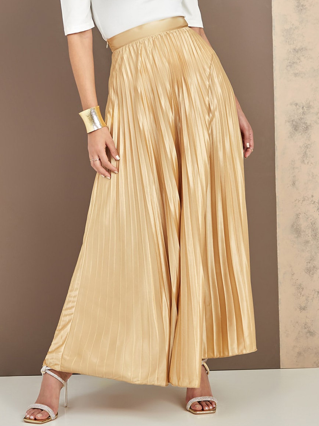 

Styli Women Golden High Rise Pleated Satin Maxi Skirt, Gold