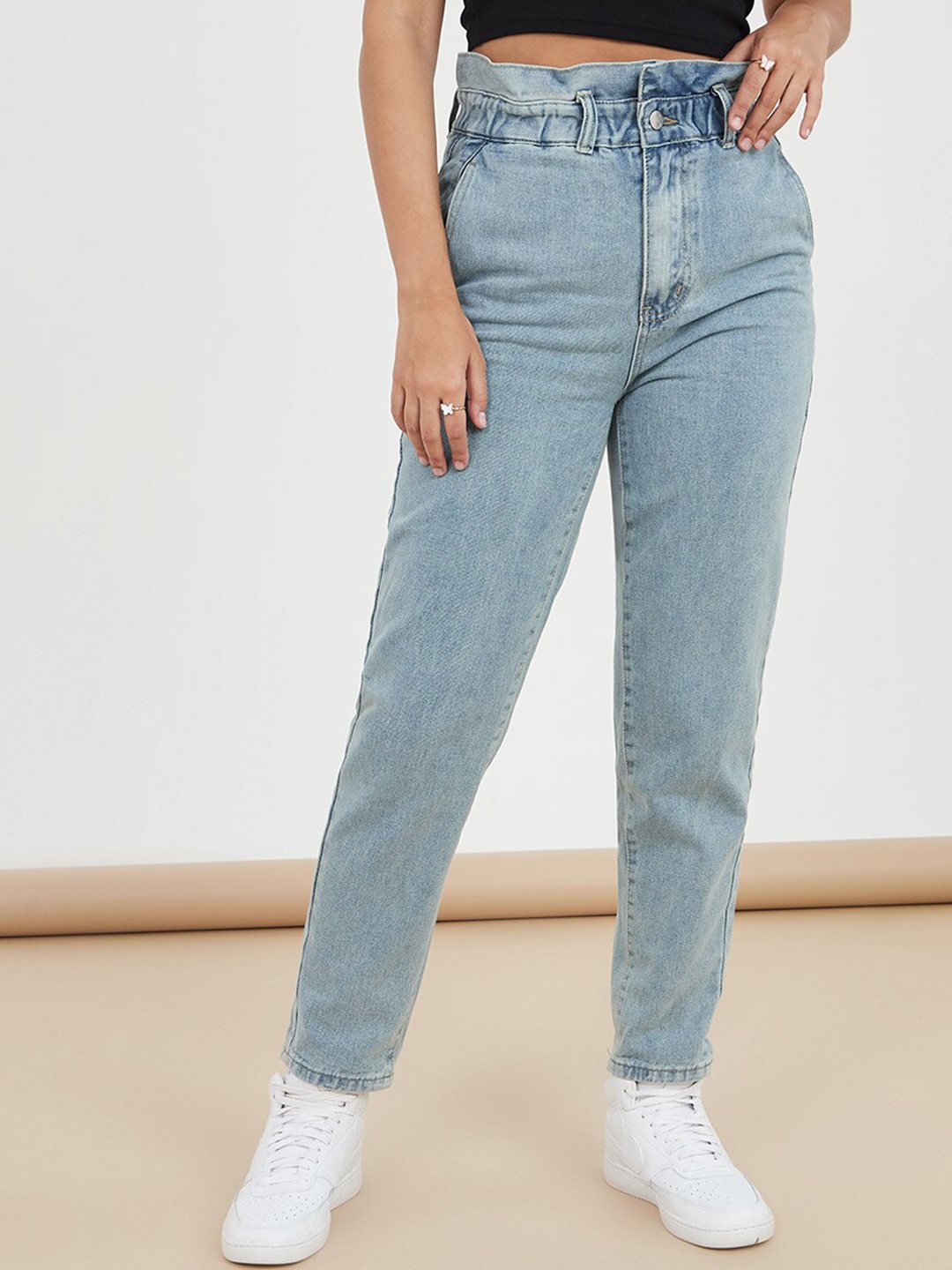 

Styli Women High Waist Paper Bag Waist Mom Denim Jeans, Blue