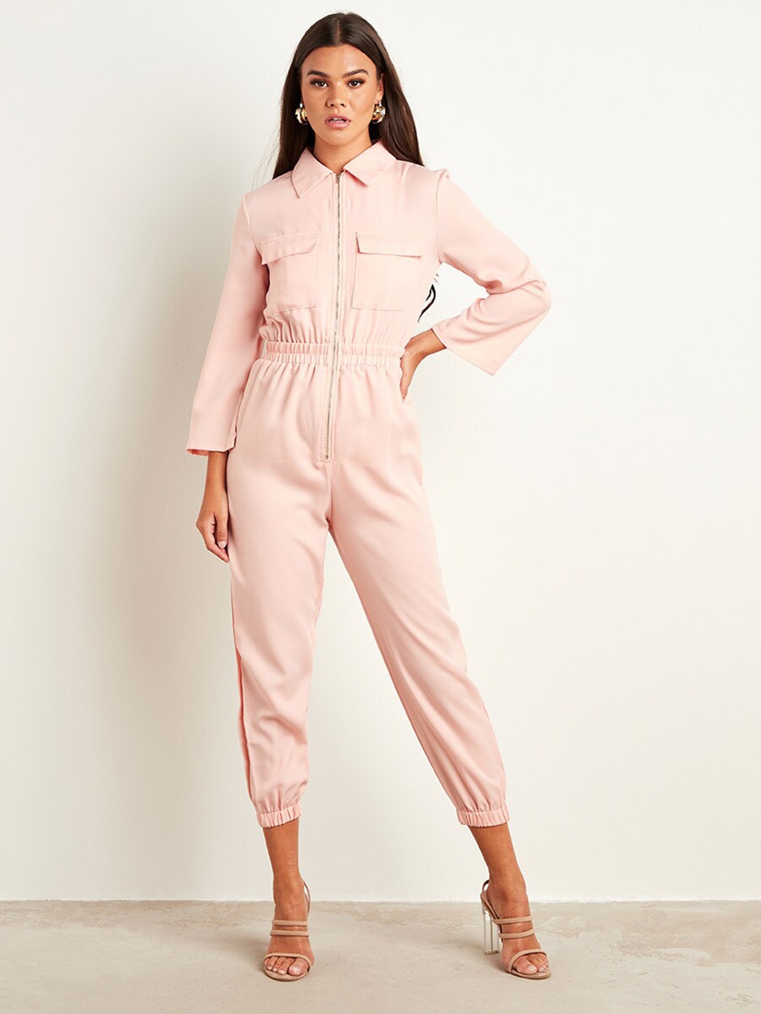 

Styli Pink Solid Zip Front Closure Boiler Jumpsuit with Roll-Up Sleeves