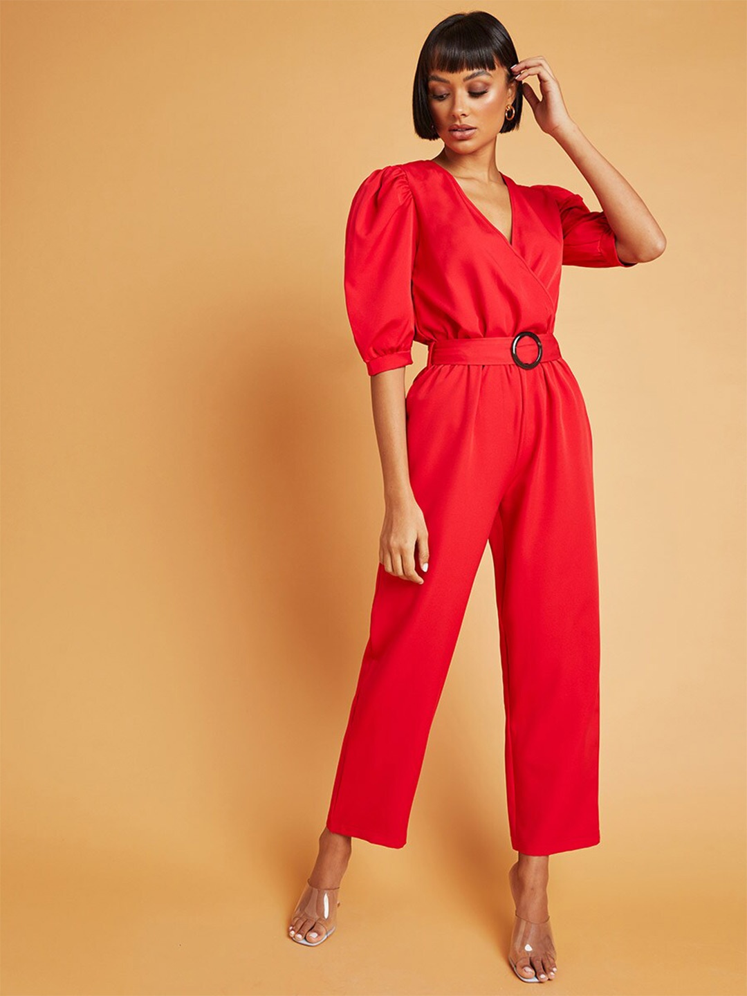 

Styli Red Puff Sleeves Straight Leg Jumpsuit with Self Belt