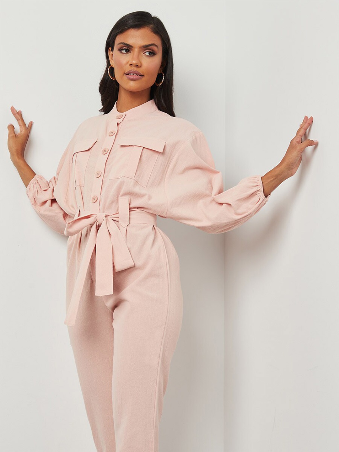 

Styli Pink Mandarin Collar Straight Leg Jumpsuit