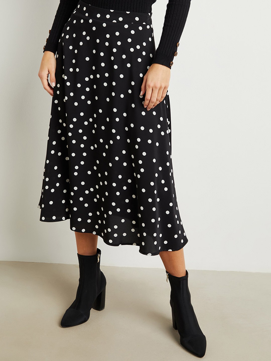 

Styli Women Black & White Polka Dot Midi Skirt