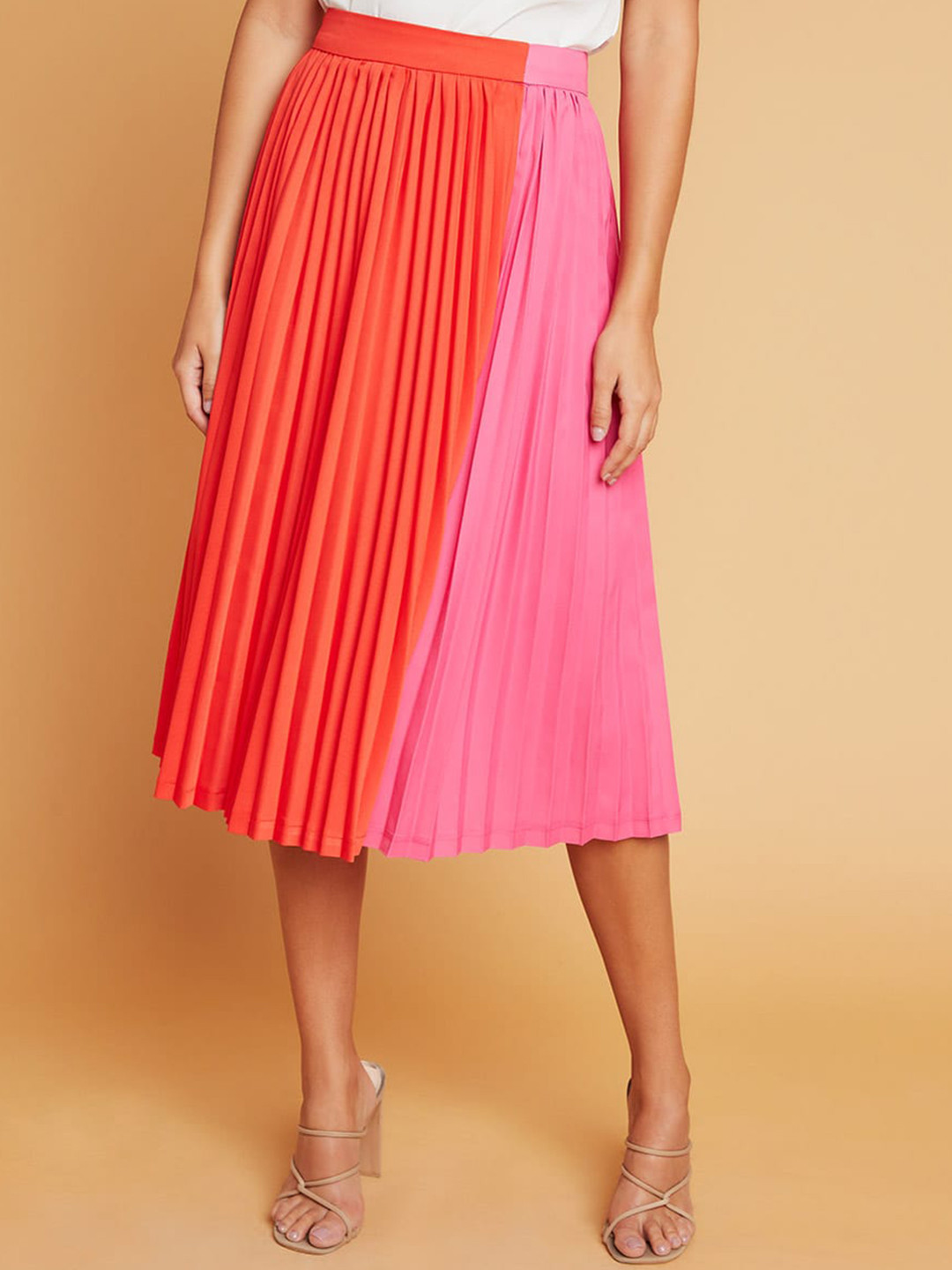 

Styli Women Pink & Orange Double Shade Pleated Midi Skirt