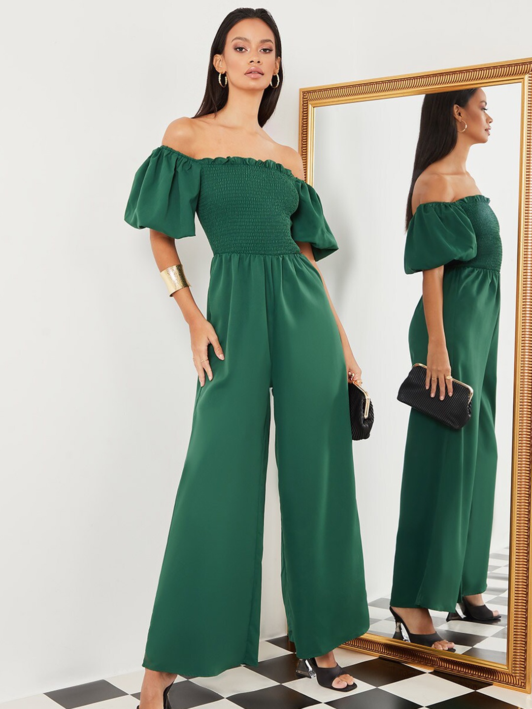 

Styli Green Short Balloon Sleeves Off Shoulder Wide Leg Jumpsuit