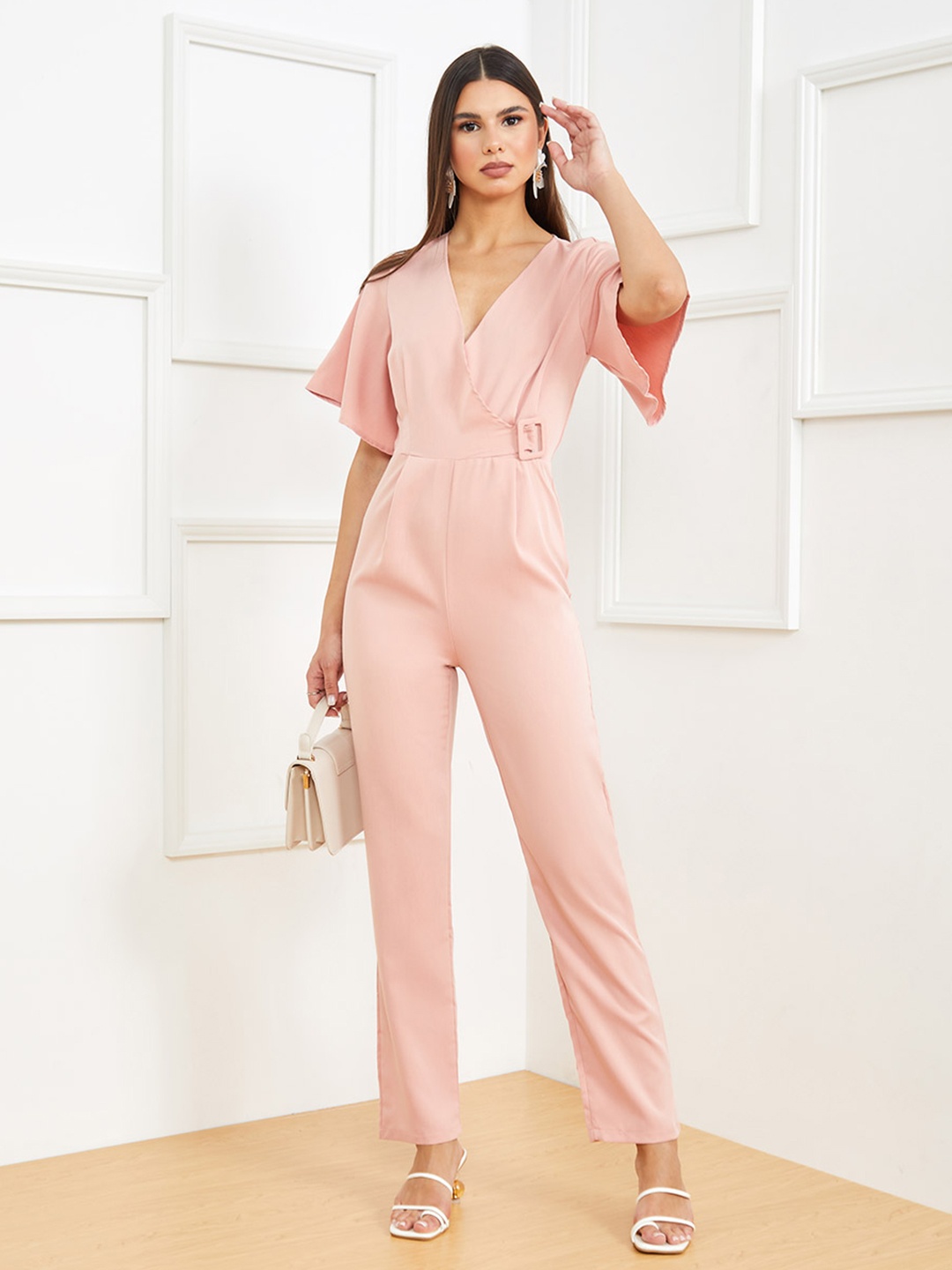

Styli Pink Solid Short Flared Sleeves Slim Fit Wrap Front Tailored Jumpsuit