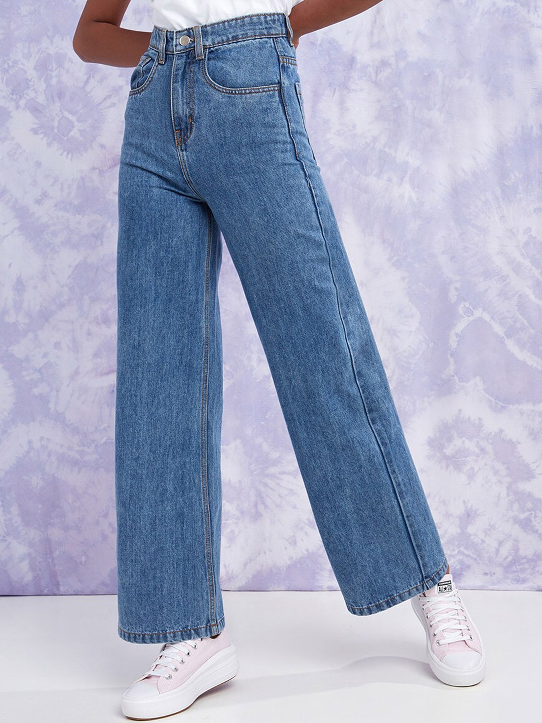 

Styli Women Blue Mildly Distressed High Rise Wide Leg Jeans