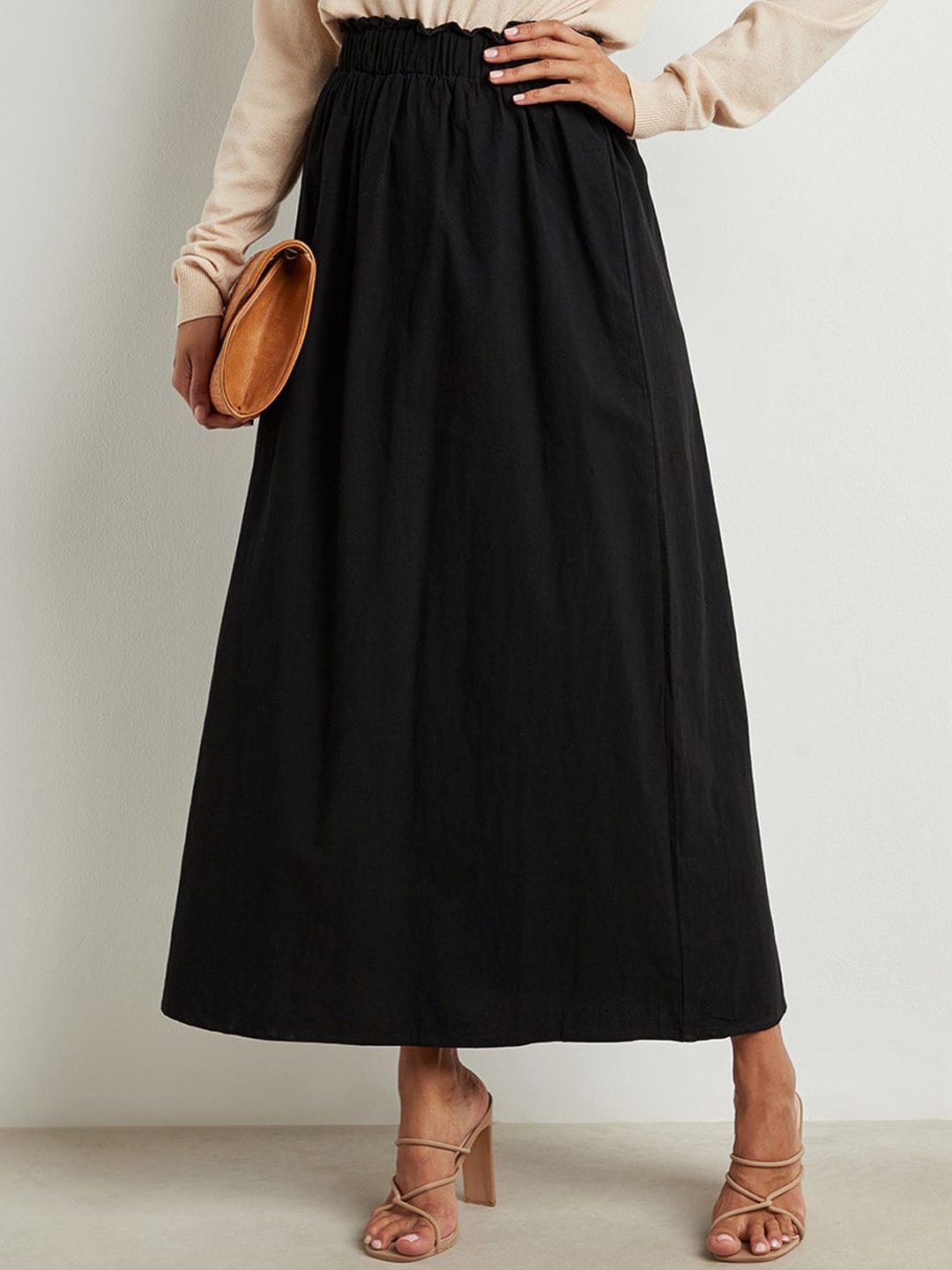 

Styli Women Black Solid Pure Cotton A-Line Maxi Skirt