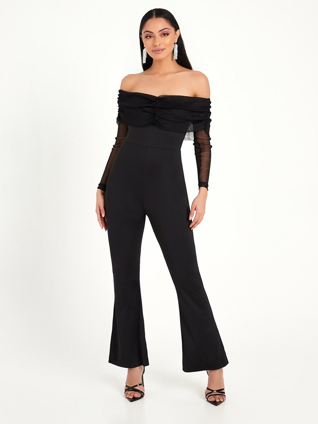 

Styli Black Off Shoulder Mesh Insert Wide Leg Jumpsuit