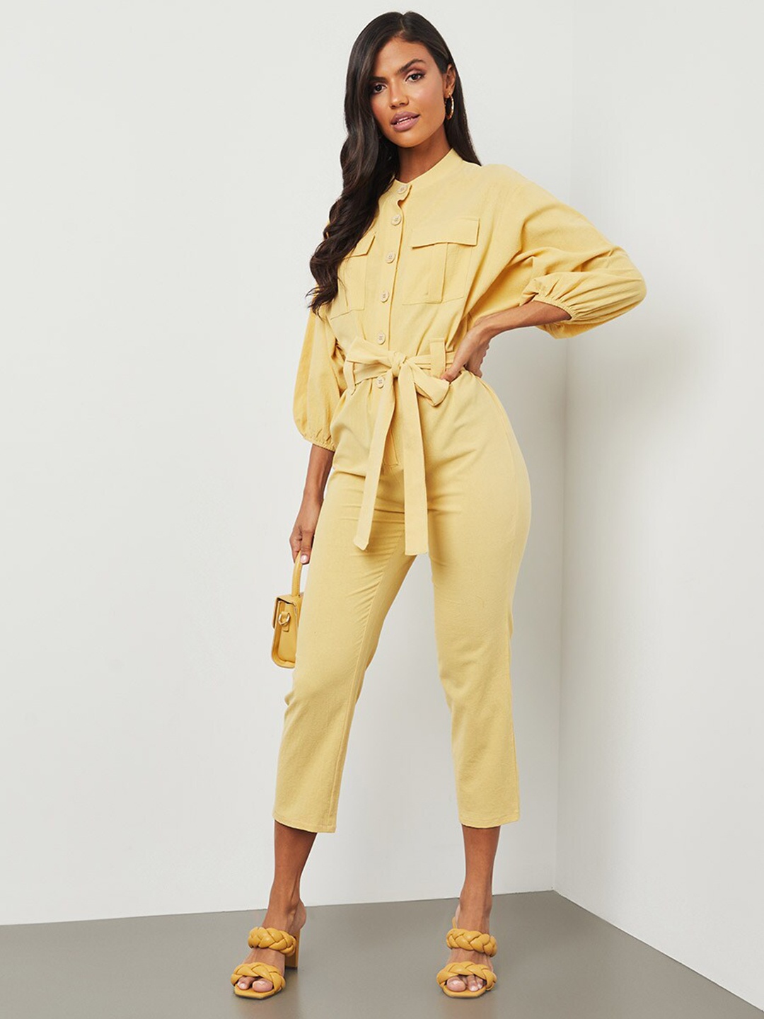 

Styli Yellow Mandarin Collar 3/4 Sleeves Straight Leg Jumpsuits