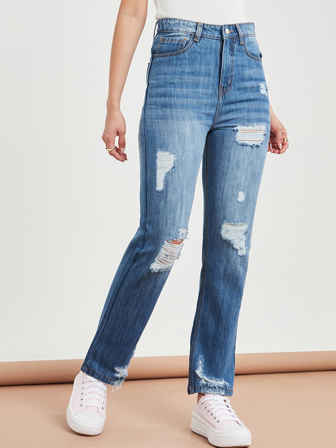 

Styli Women Blue Distressed High Waist Straight Leg Jeans