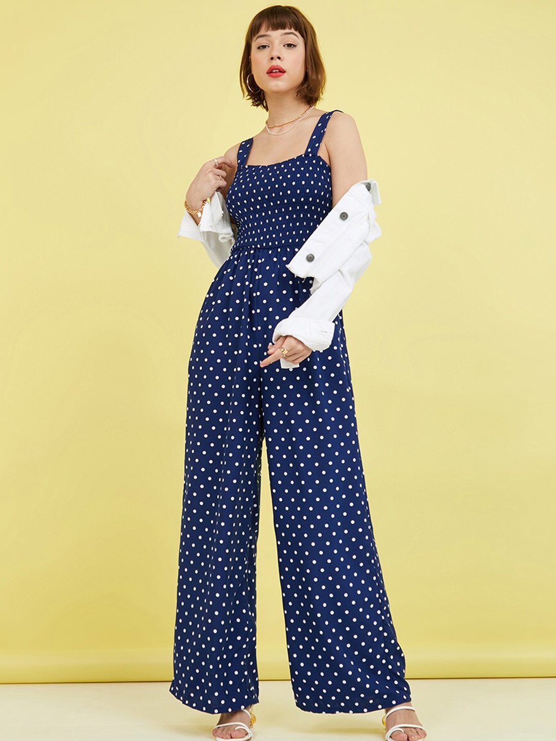 

Styli Navy Blue & White Square Neck Polka Dot Print Wide Leg Jumpsuit