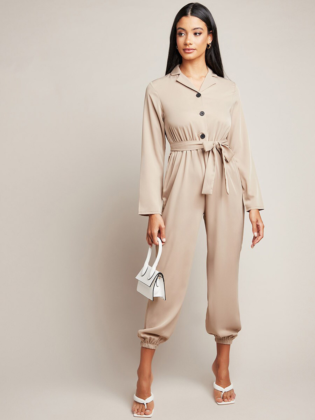 

Styli Beige Collar Neck Long Sleeves Cuffed Jumpsuit