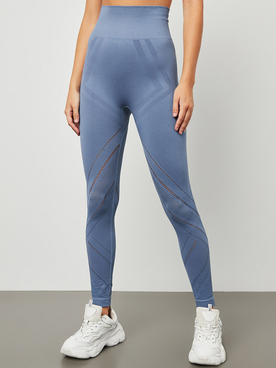 

Styli Women Blue Laser Cut Diagonal Stripes Active Leggings