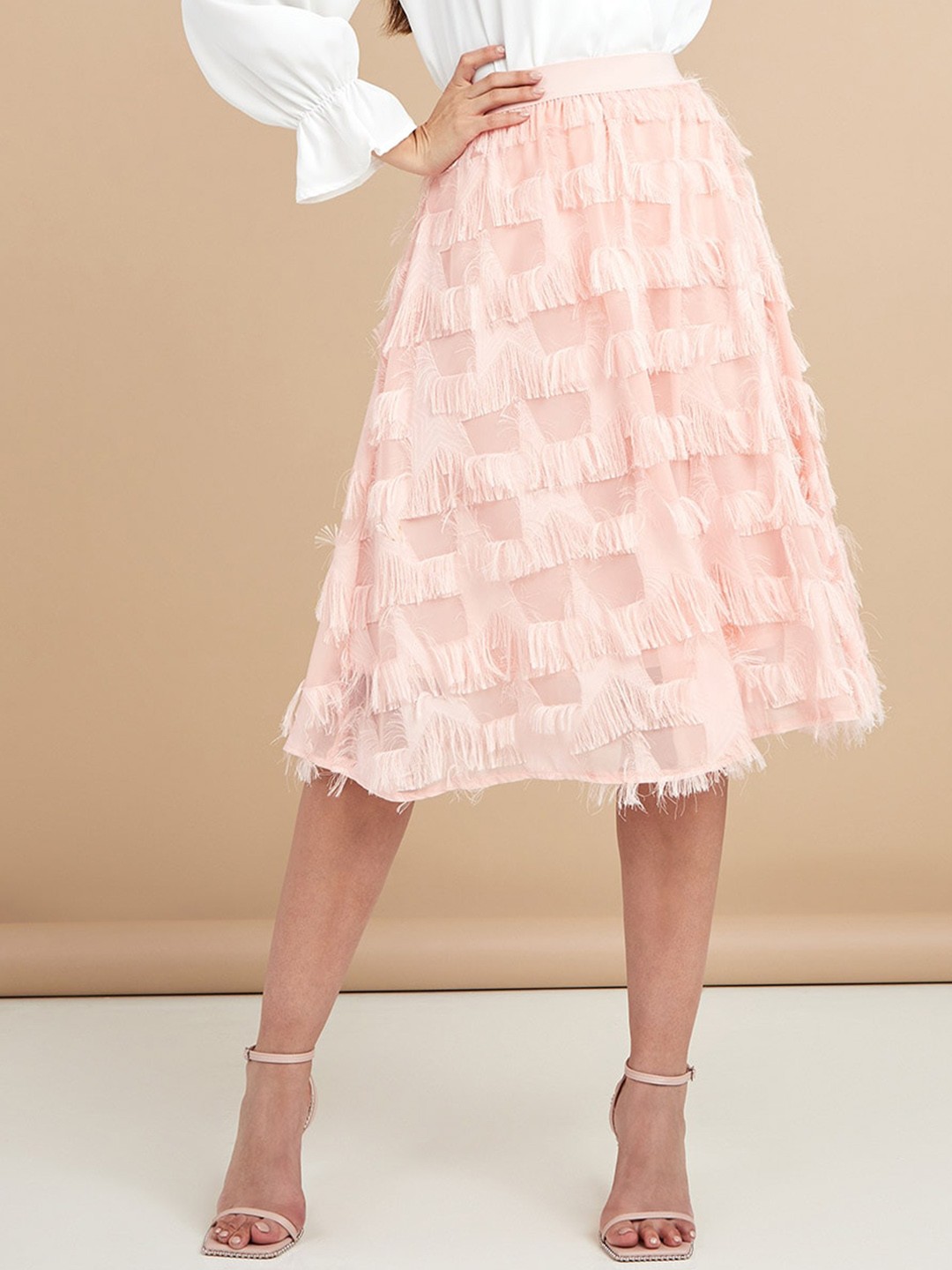 

Styli Women Pink Fringe Detail A-Line Midi Skirt