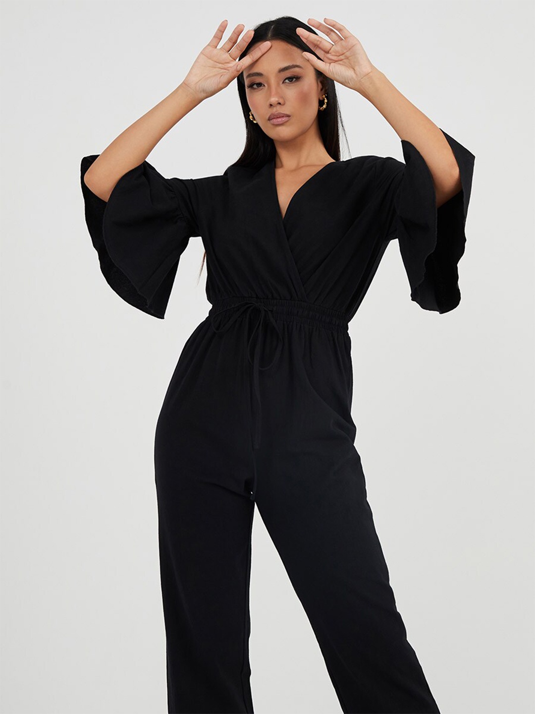 

Styli Black V Neck Flare Short Sleeves Straight Leg Jumpsuit