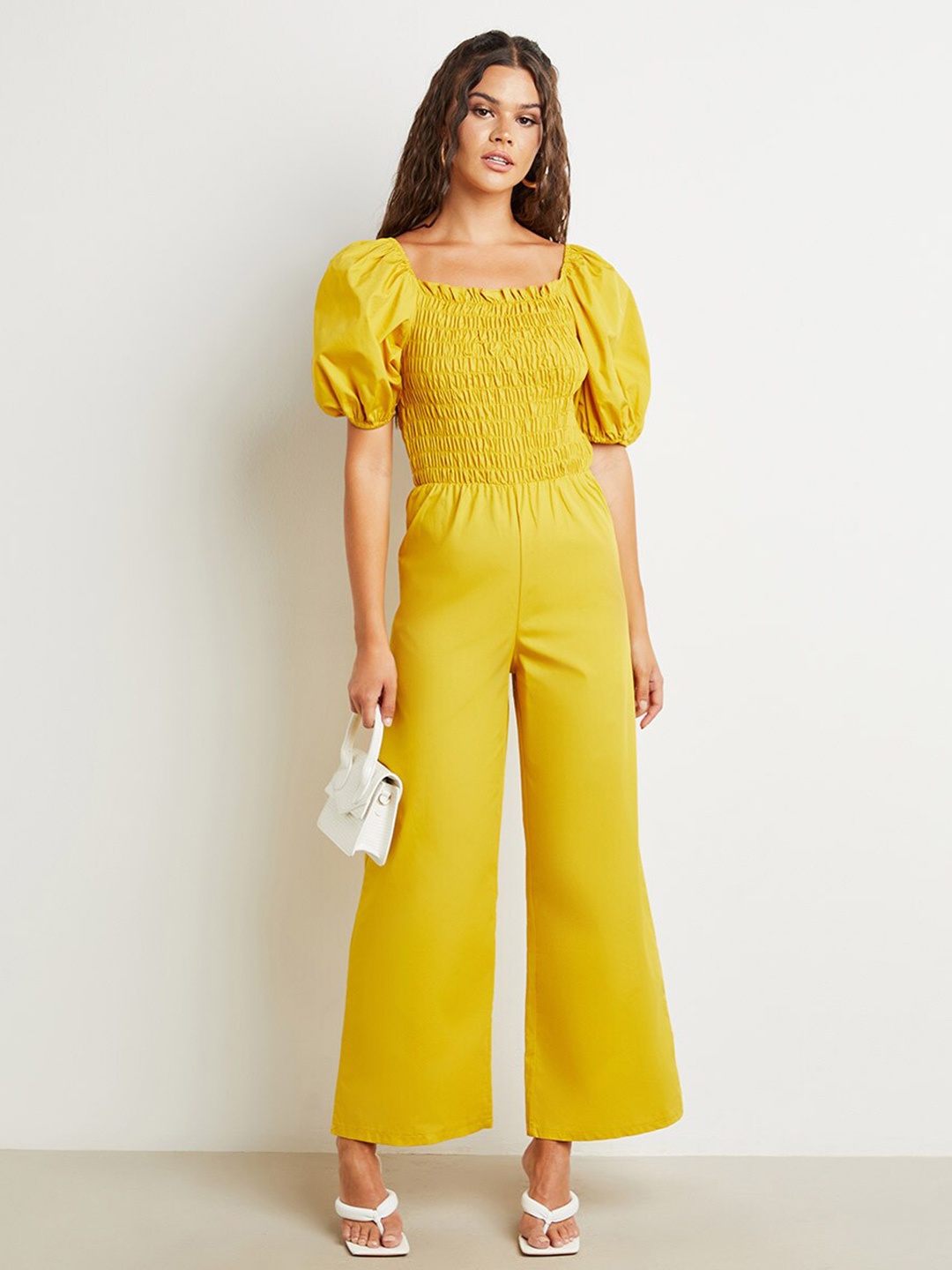 

Styli Cotton Puff Sleeves Shirred Wide Leg Jumpsuit, Mustard