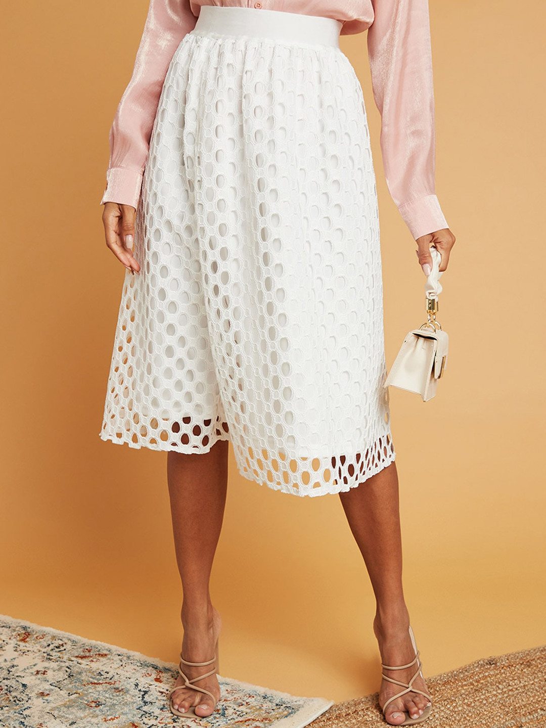 

Styli Women Geometric Self Design Cut-Out A-Line Knee Length Skirt, White