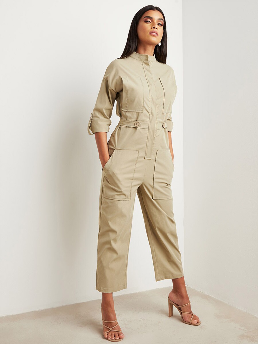 

Styli Women Solid Mandarin Collar Roll-Up Sleeves Basic Jumpsuit, Khaki