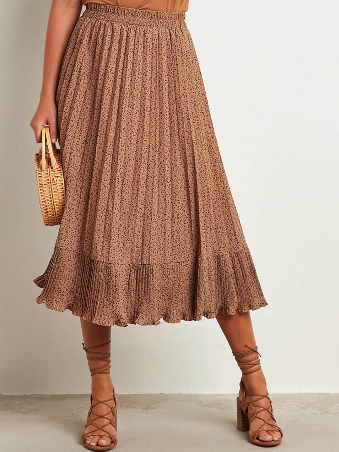 

Styli Women Pleated Ditsy Printed Midi Skirt, Brown