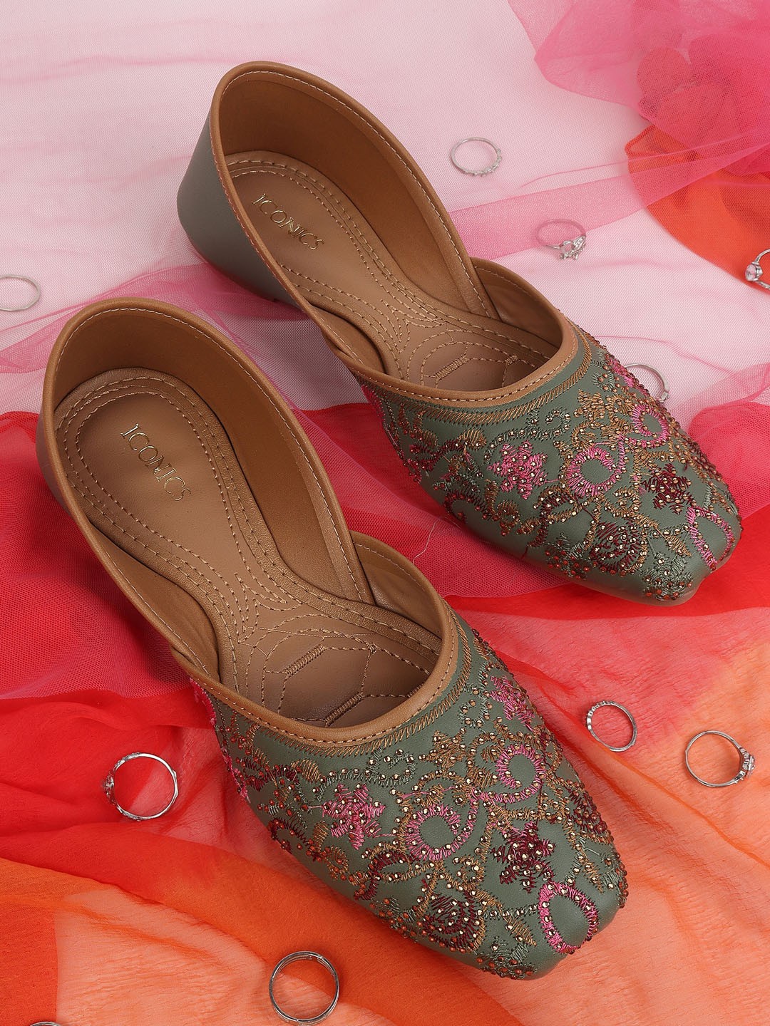

ICONICS Women Green Embroidered Mojaris Flats