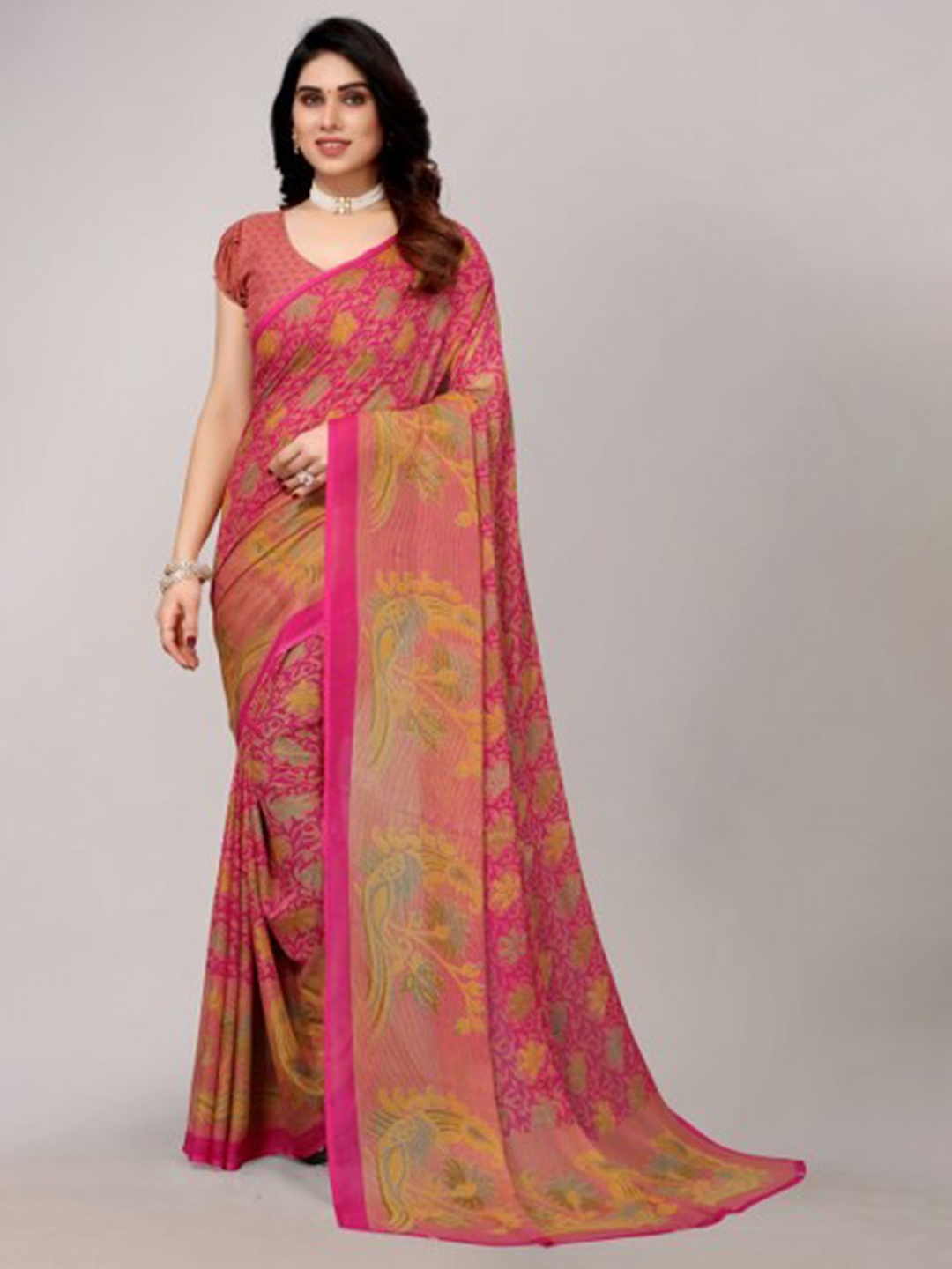 

Yashika Pink & Gold-Toned Woven Design Saree