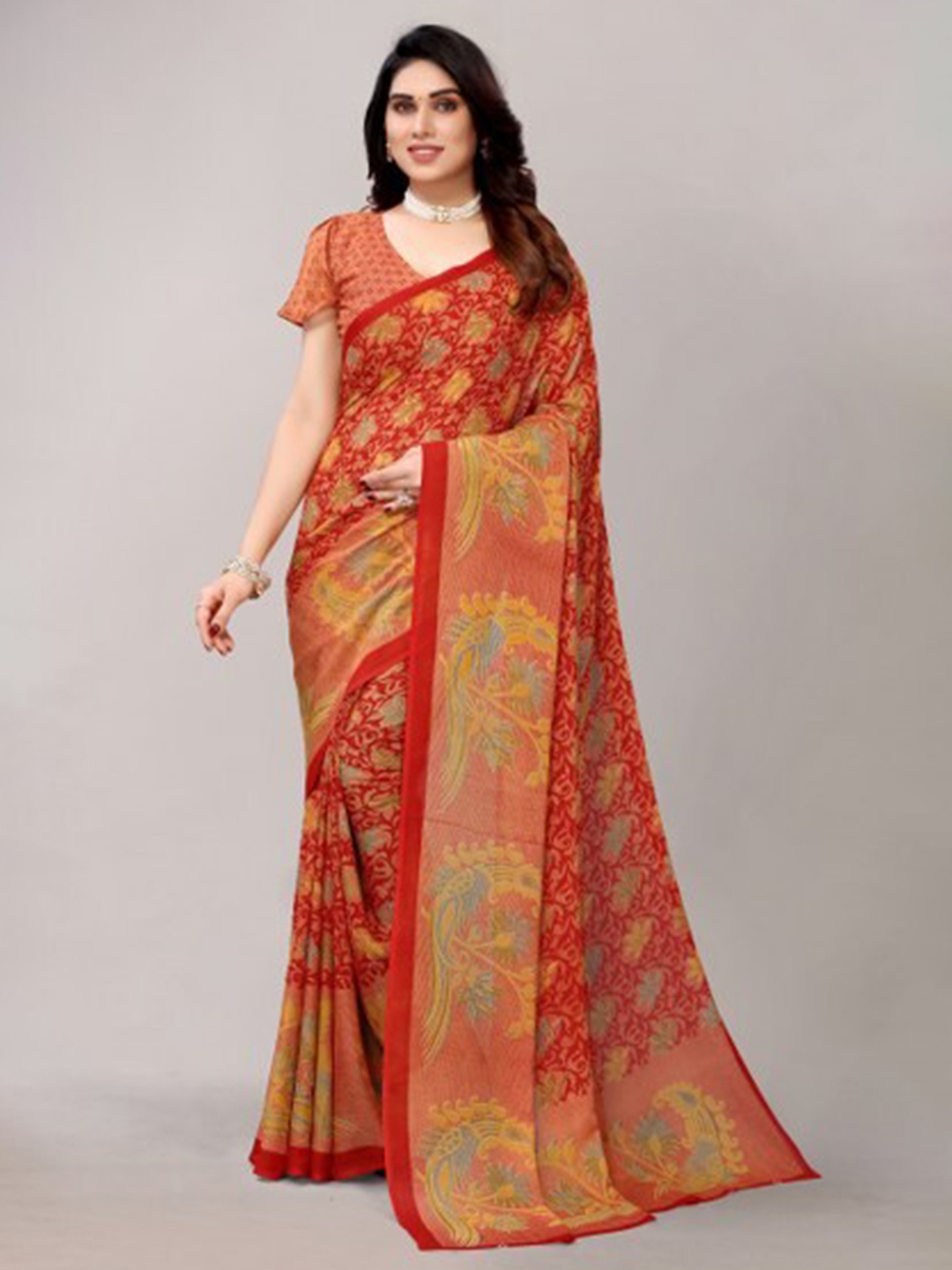 

Yashika Red & Gold-Toned Floral Saree