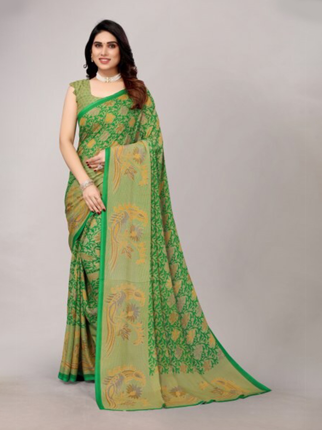 

Yashika Green & Yellow Floral Saree