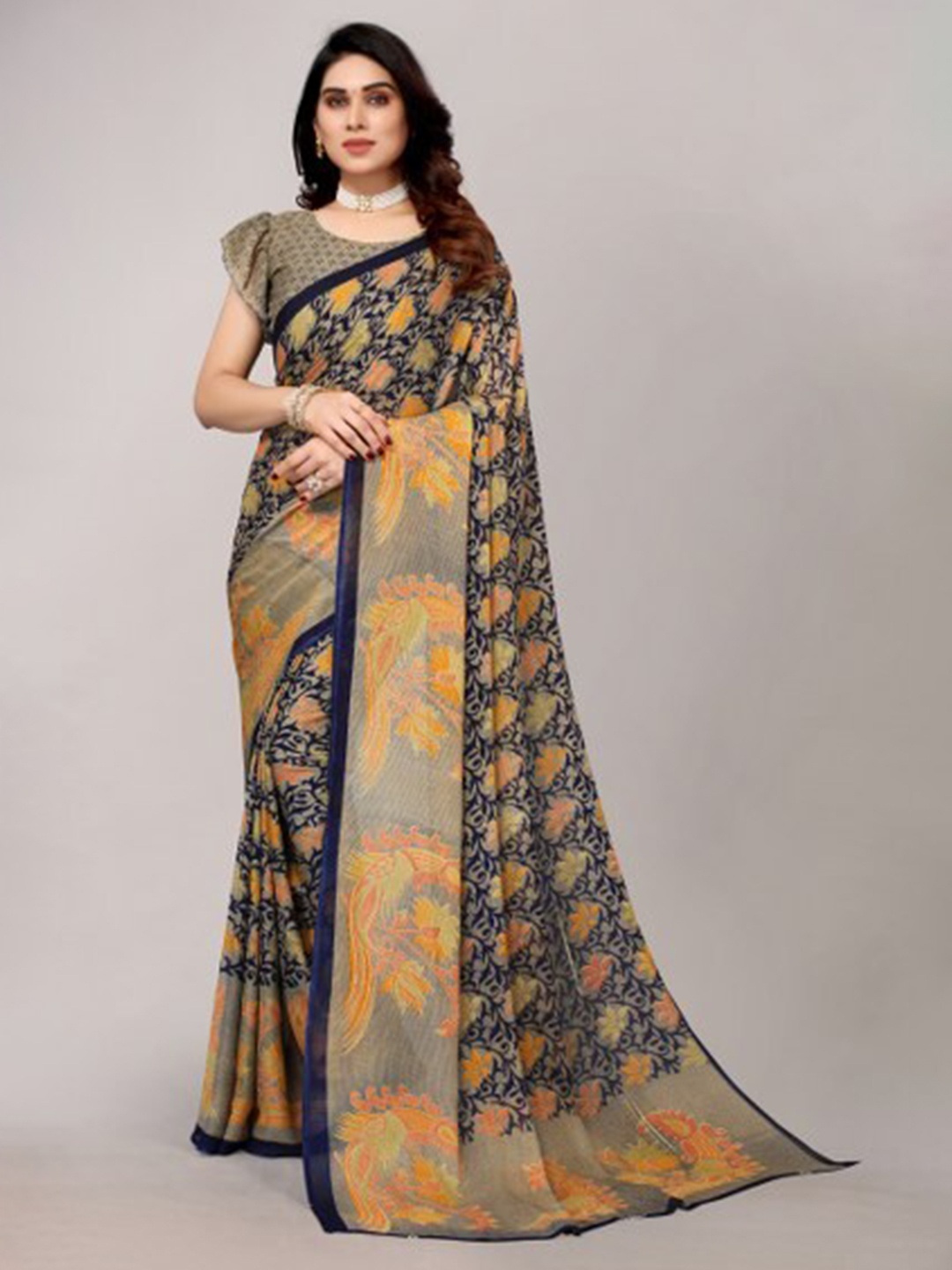 

Yashika Navy Blue & Orange Floral Saree