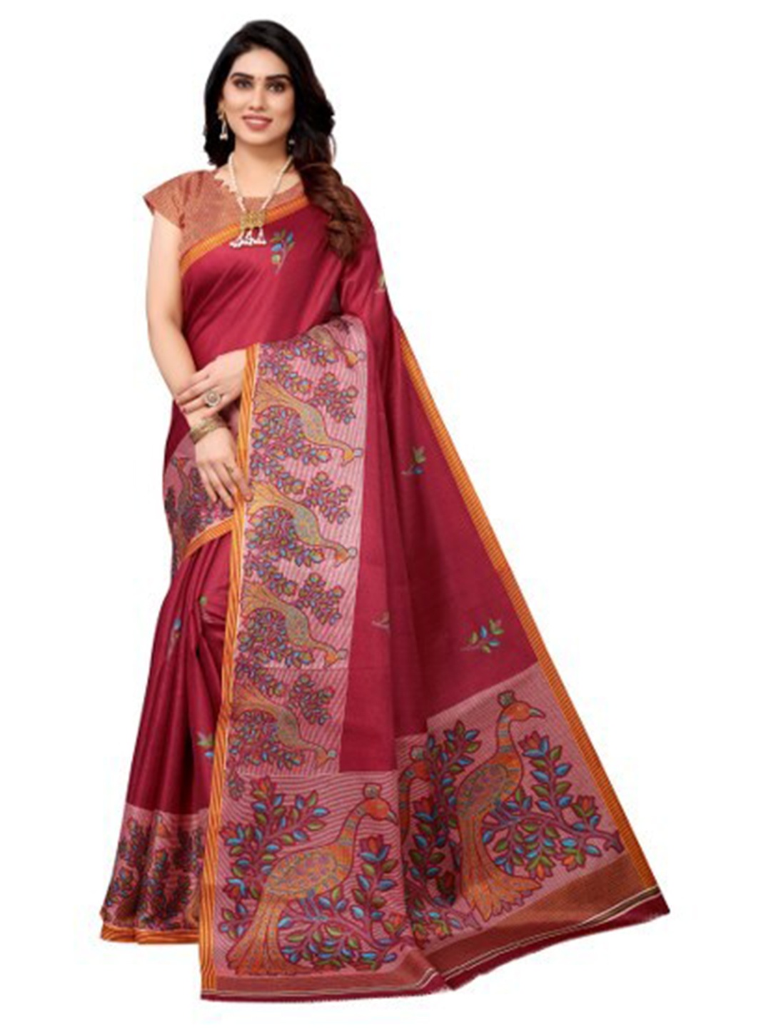 

Yashika Red & Orange Floral Art Silk Saree