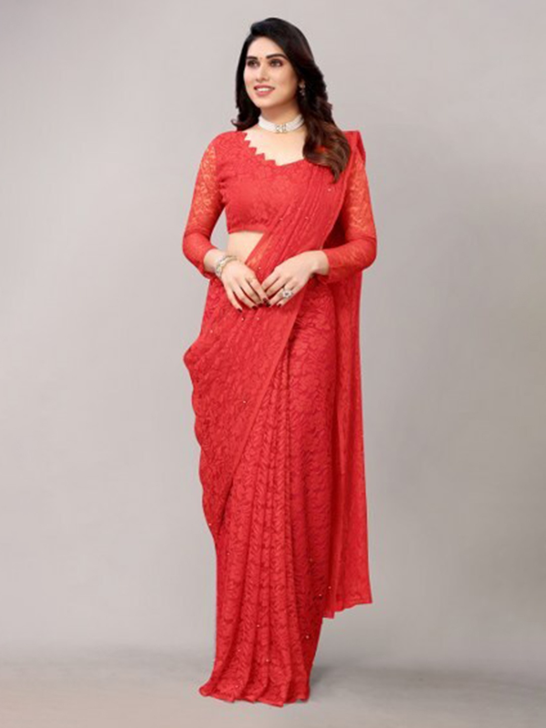 

Yashika Red Floral Embroidered Net Saree