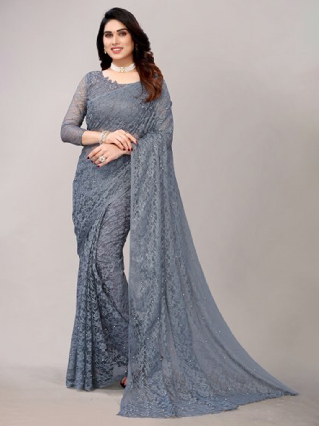 

Yashika Grey Floral Embroidered Net Saree