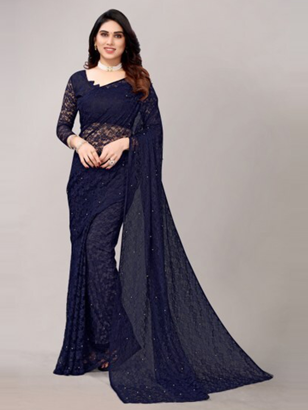 

Yashika Navy Blue Embellished Net Saree