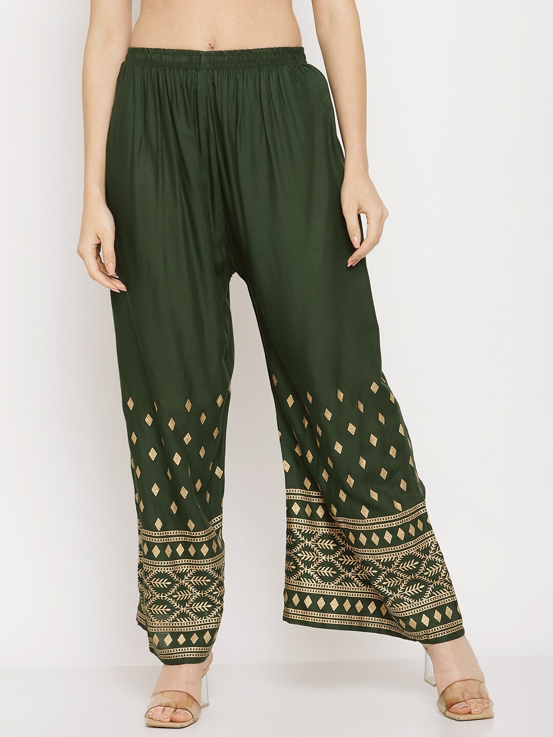 

Miaz Lifestyle Women Green & Gold-Toned Printed Knitted Palazzos