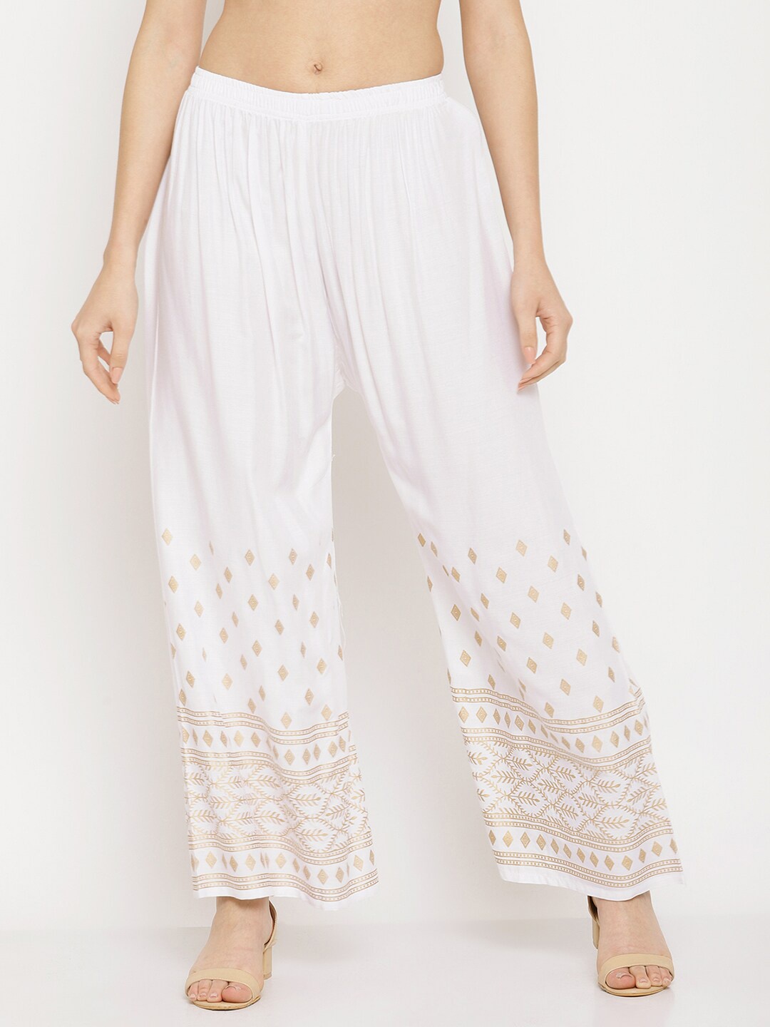 

Miaz Lifestyle Women White & Gold-Toned Printed Knitted Ethnic Palazzos