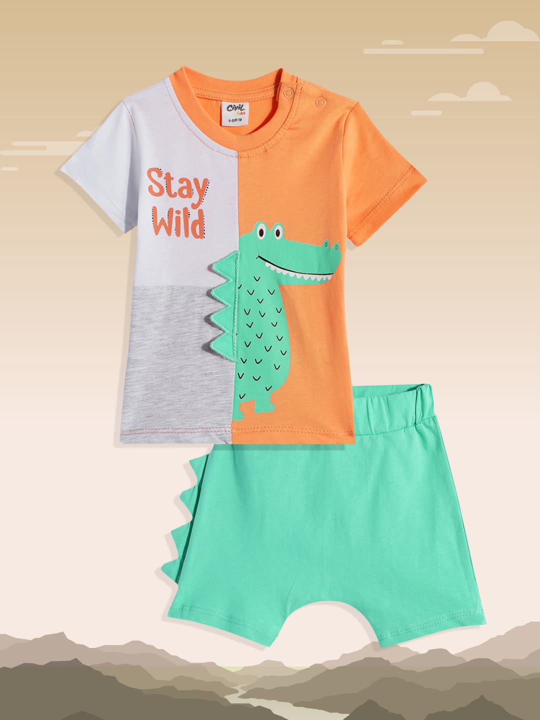 

Civil Infant Boys Orange & White Printed T-shirt with Shorts